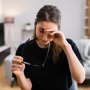 A Woman Rubs the Bridge of Her Nose with Her Eyes Closed.
