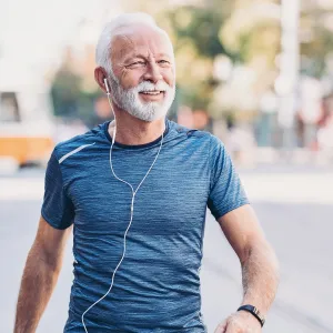 Physically-fit senior exercising in his local town.