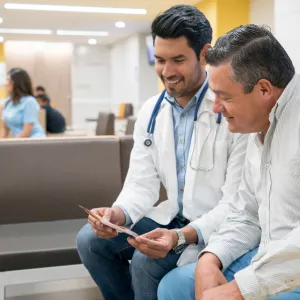 A man reviews test results with his physician.