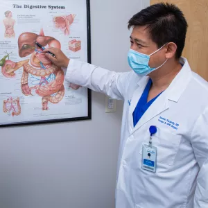 Dr. Iswanto Sucandy Showing patient diagram while wearing masks.