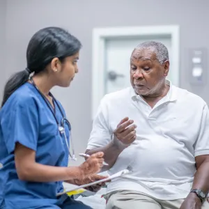 Man talking with a nurse, during an appointment, inside of an examination room.