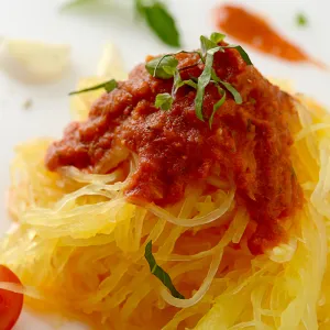 Mound of spaghetti squash topped with marinara and herbs 