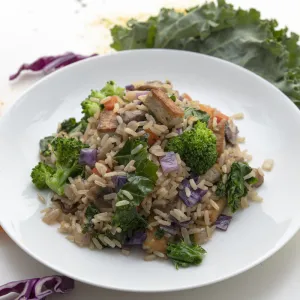 White bowl of fried rice with carrot and lettuce garnishes