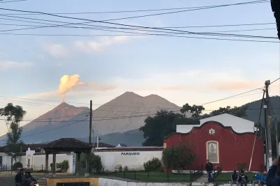 The Volcan de Fuego spits out a plume of ash in Antigua, Guatemala.