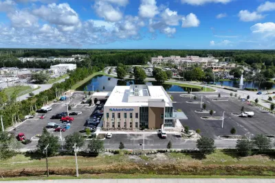 Aerial view of the Freytag Cancer Center on the AdventHealth Palm Coast campus.