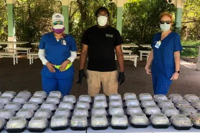Healthcare workers with food donations