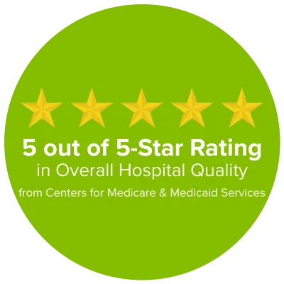 A logo of AdventHealth's CMS 5-star achievement in Overall Hospital Quality
