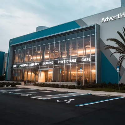 Exterior of AdventHealth AdventHealth Partin Settlement in the evening.