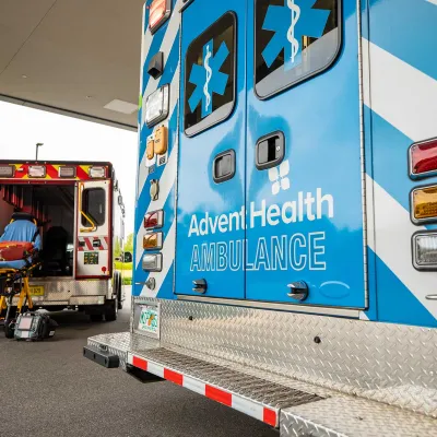 Ambulances parked at an AdventHealth facility
