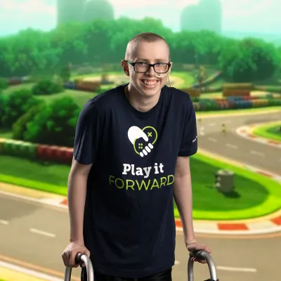 a photo of even in front of a mario. kart background