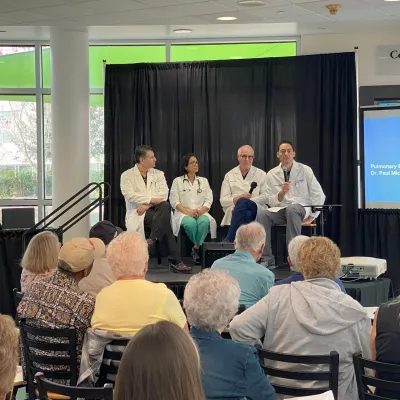 (From L-R) Dr. Giancarlo Speziani, Dr. Shahnaz Punjani, Dr. Thomas Shimshak and Dr. Paul Michael each did a presentation and then took questions from community members during the event. (photo courtesy: AdventHealth)