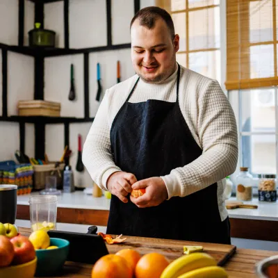 A man cutting up fruit in the kitchen.