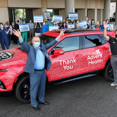AdventHealth Daytona Beach CEO Ed Noseworthy welcomes NASCAR driver Jamie McMurray