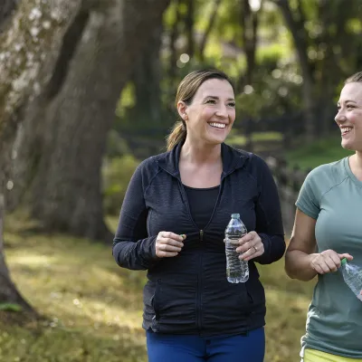 Two women walking outdoors