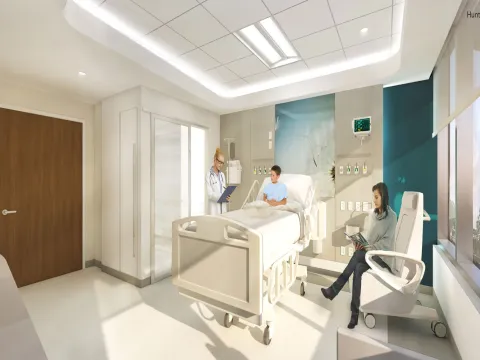 A 3-D render of a patient's room at The Taneja Center