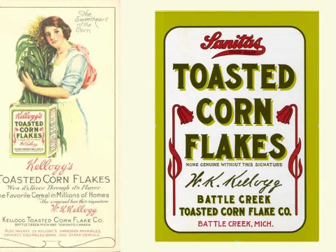 Ad for Kellogg's toasted corn flakes and front box design of Sanita's Toasted Corn Flakes.