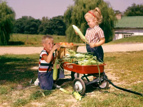 Two happy children with a red wagon full of vegetables.