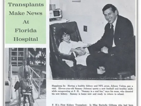 Photo on right: In 1973, Florida Hospital’s (which becomes AdventHealth Orlando) first pediatric transplant recipient, Sammy Johnson, received the Gift of Life from his mother and met NFL great, Johnny Unitas, post-surgery. Photo on left: In 1973, Rochelle Givens was the first to receive a kidney transplant at Florida Hospital (which later becomes AdventHealth Orlando) by living donation, made possible by her brother.