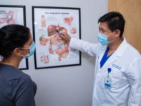 Dr. Sucandy speaking to a patient and pointing at a digestive system diagram.