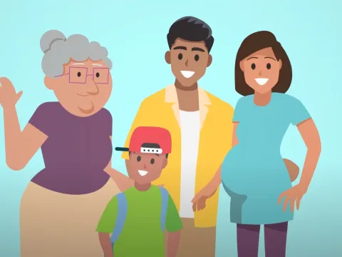 A cartoon-style image of a happy family.