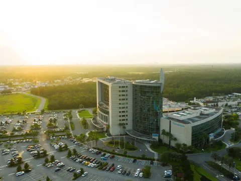 A bird's-eye view of the AdventHealth Daytona building and surrounding area.