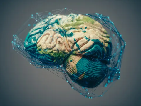 Graphic of a brain with the earth overlaid on the surface.
