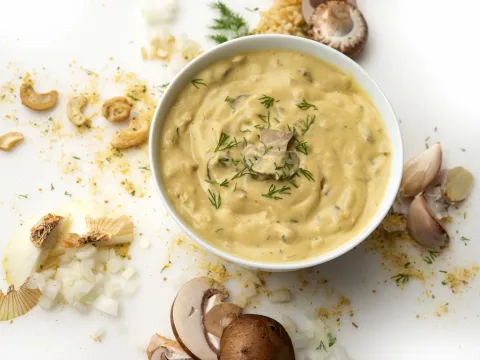 Bowl of stroganoff with cashew and mushroom garnishes