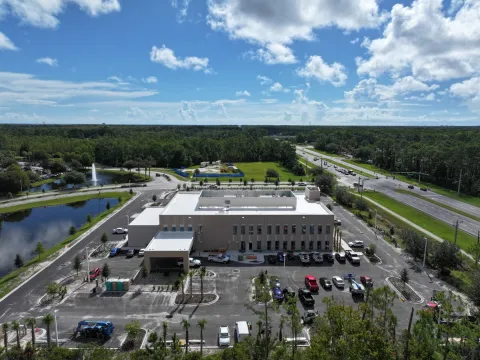 Aerial view of the Freytag Cancer Center on the AdventHealth Palm Coast campus.