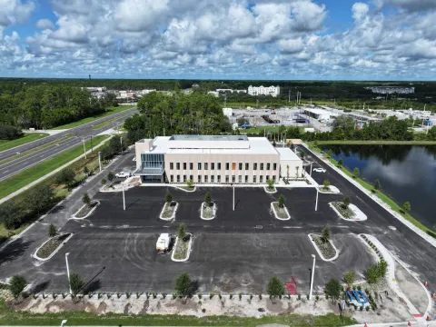 Aerial view of the Freytag Cancer Center on the AdventHealth Palm Coast campus.