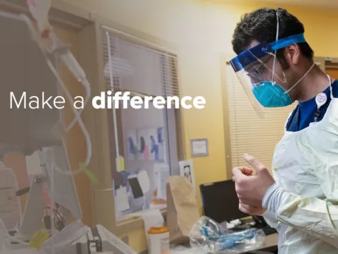 A banner containing the slogan, "Make a difference" with a male nurse working.