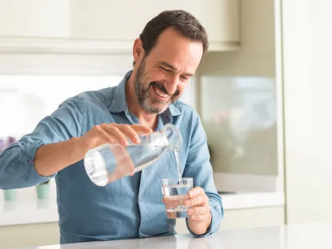 A man pouring a glass of water.