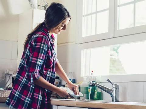 A happy woman doing the dishes. 