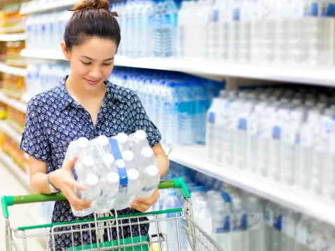 Woman stocking up on bottled water at the grocery store.