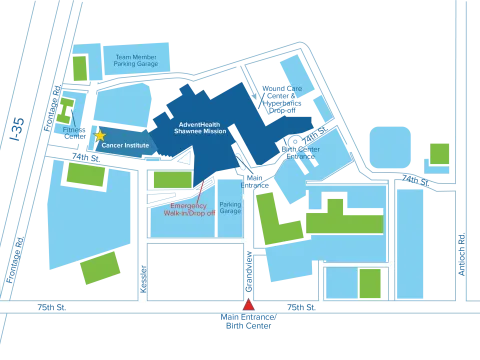 Access the Cancer Institute from 74th St, just off east Frontage Road.