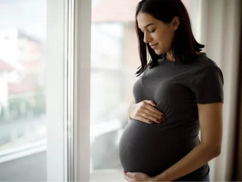 A pregnant young woman holds her belly standing near a window