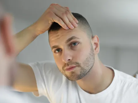 A young man holding his hand to his head.
