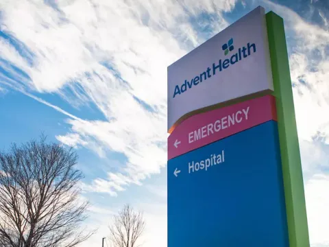 AdventHealth exterior hospital signage. 