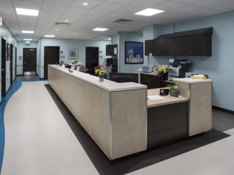 Hallway with long office desk