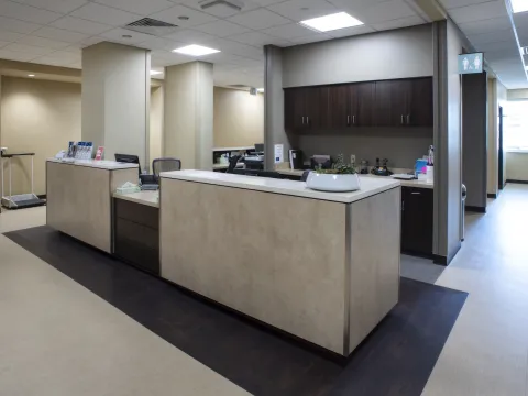 Hallway with long office desk