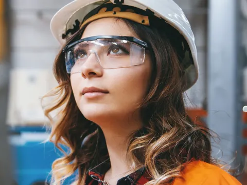 Worker Woman Wearing Hard Hat