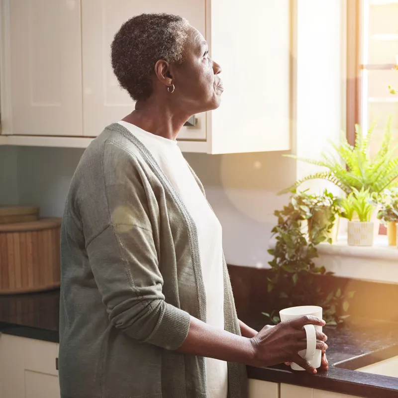 A Woman Stairs Out Her Kitchen Window, Deep in Thought.