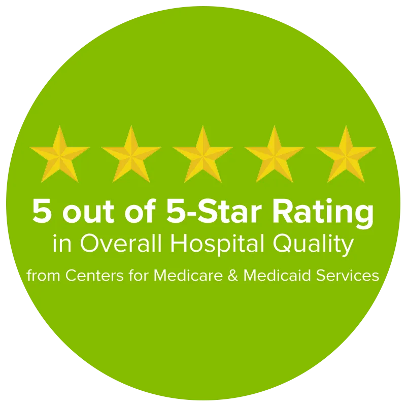 A logo of AdventHealth's CMS 5-star achievement in Overall Hospital Quality