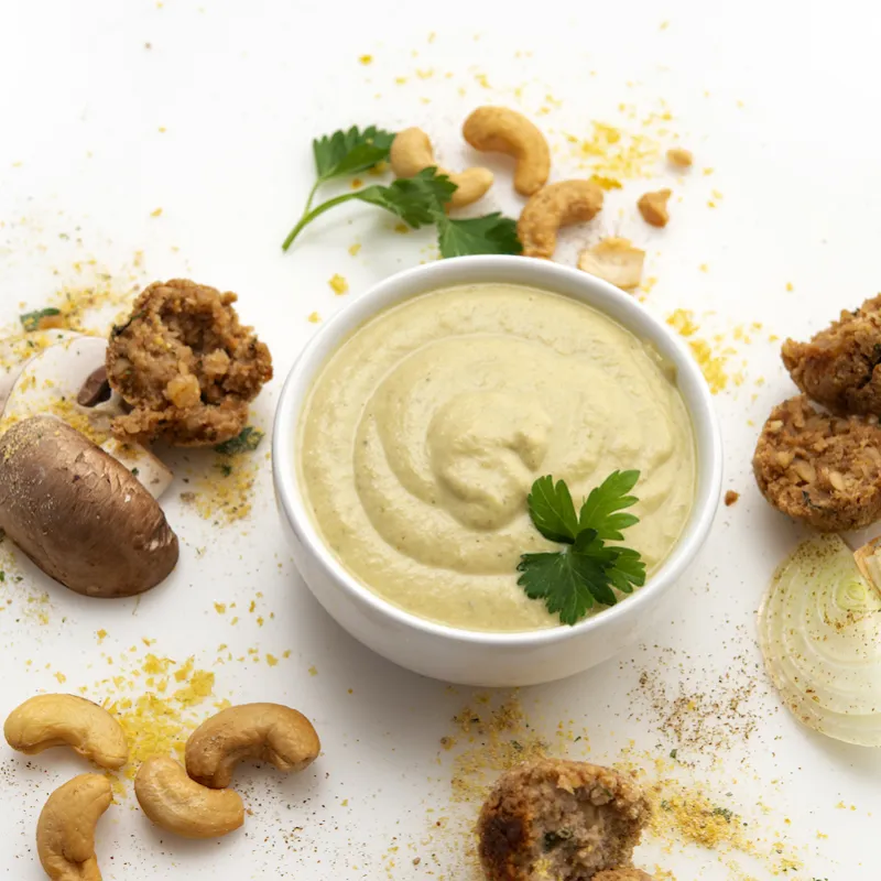 Bowl of chicken-style gravy with meatball, mushroom, onion, and cashew garnishes