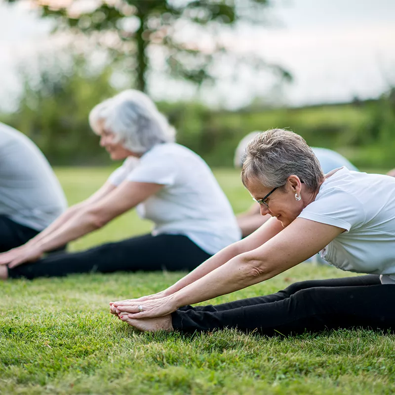 Seniors stretching at a park.