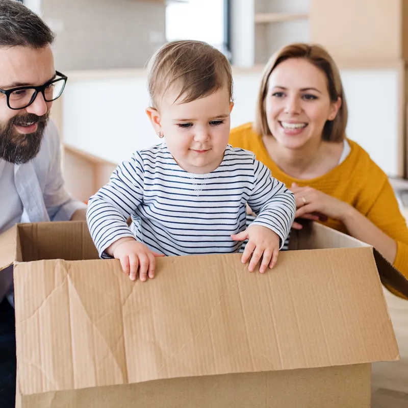 A baby playing in a cardboard box.