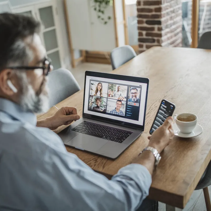 A man teleconferencing from home. 