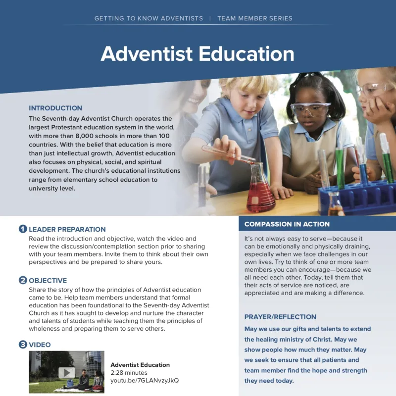 Getting to Know Adventists Team Member Series Adventist Education sheet.