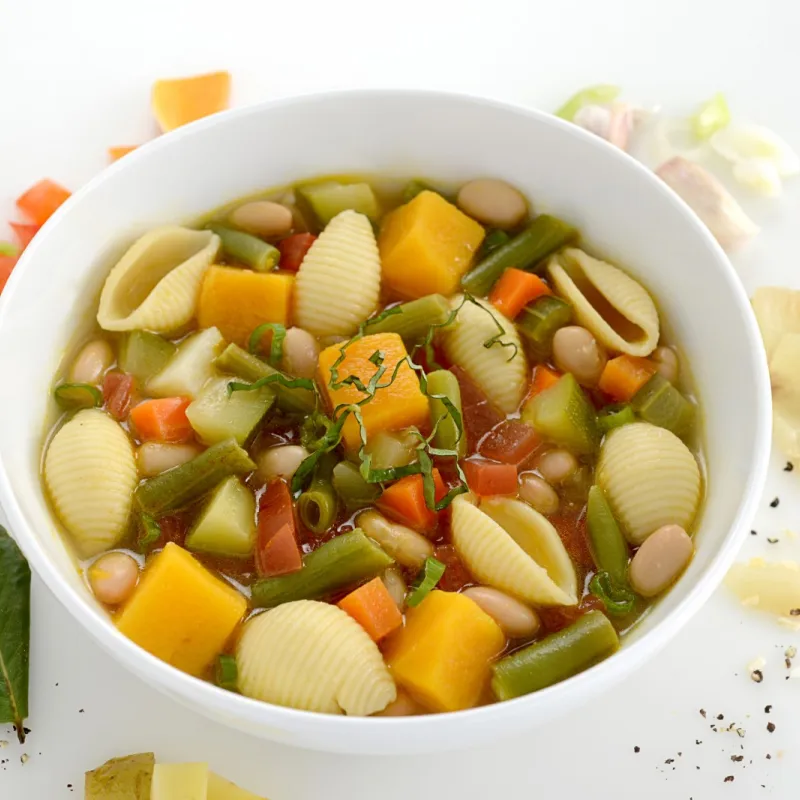 Bowl of bean, vegetable and pasta stew