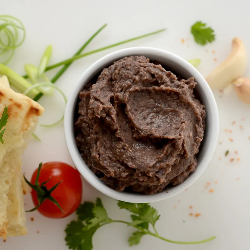 mashed black beans in a bowl, surrounded by tomatoes, bread, garlic and herbs