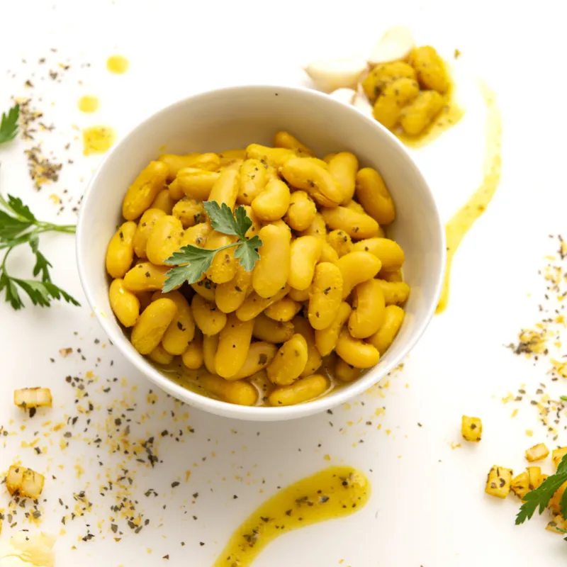 Bowl of Northern beans with green garnish and decorative herbs